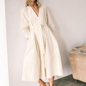 ZARA ZW Collection Belted Midi Dress Ecru Size L – V‑Neck Summer NWT